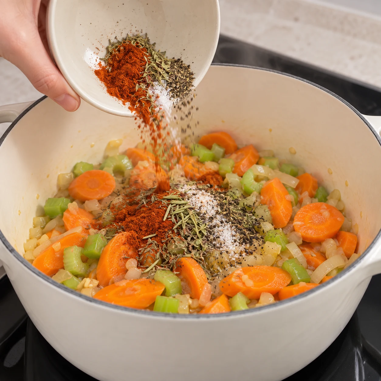 Ajouter les épices : Les épices sont déposées sur les légumes.