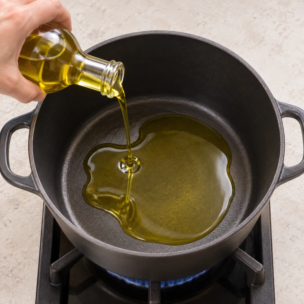 Fais chauffer l’huile d’olive dans une cocotte sur feu vif. État à montrer : L’huile est fluide et chaude sans fumer.