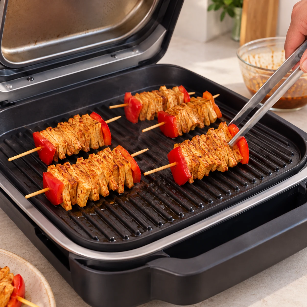 Déposer sur le barbecue : Les brochettes reposent sur la grille et commencent à dorer.