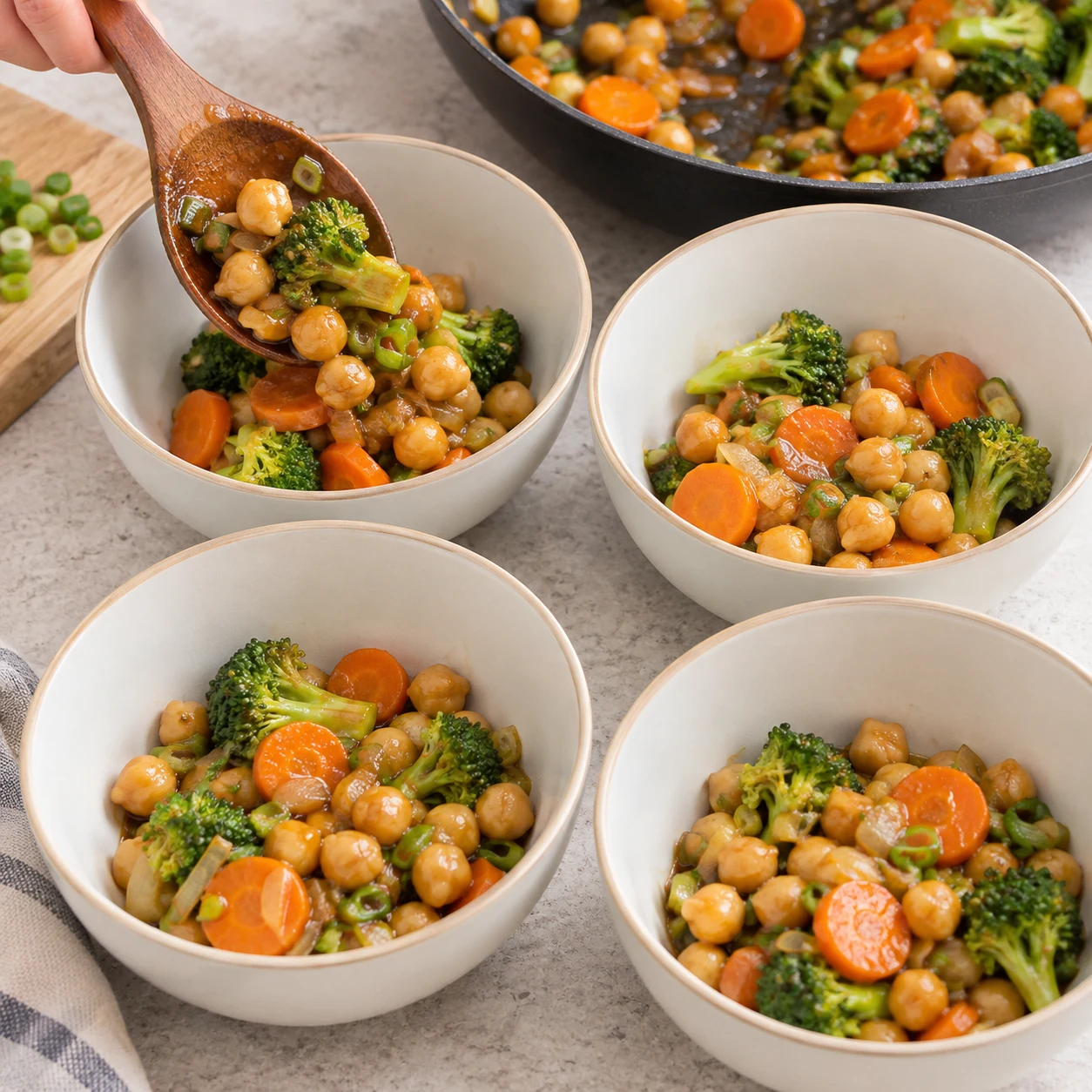 Bol neutre contenant carottes, brocoli en petites fleurettes et pois chiches entiers en sauce, aucun riz.