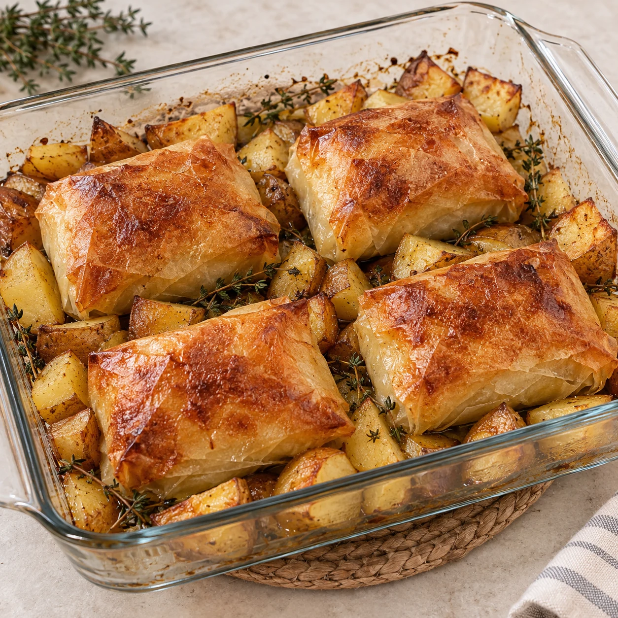 Quatre pavés de tofu aux enveloppes de brick dorées et croustillantes, cubes de pommes de terre rôtis avec peau, thym ; aucun ingrédient supplémentaire.