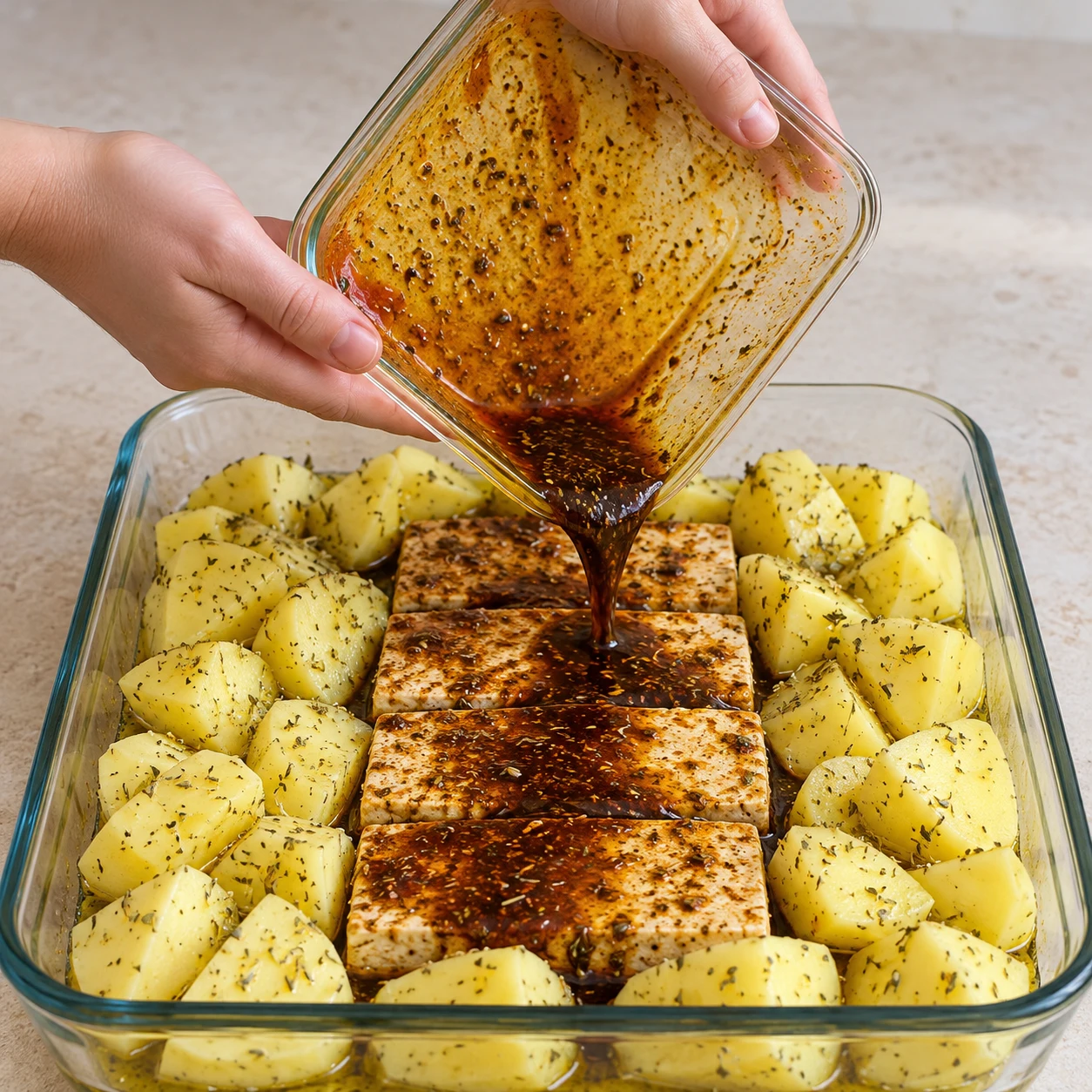 Plat rectangulaire en verre avec tranches épaisses de tofu mariné au centre et gros morceaux de pommes de terre autour ; main anonyme verse la marinade restante.