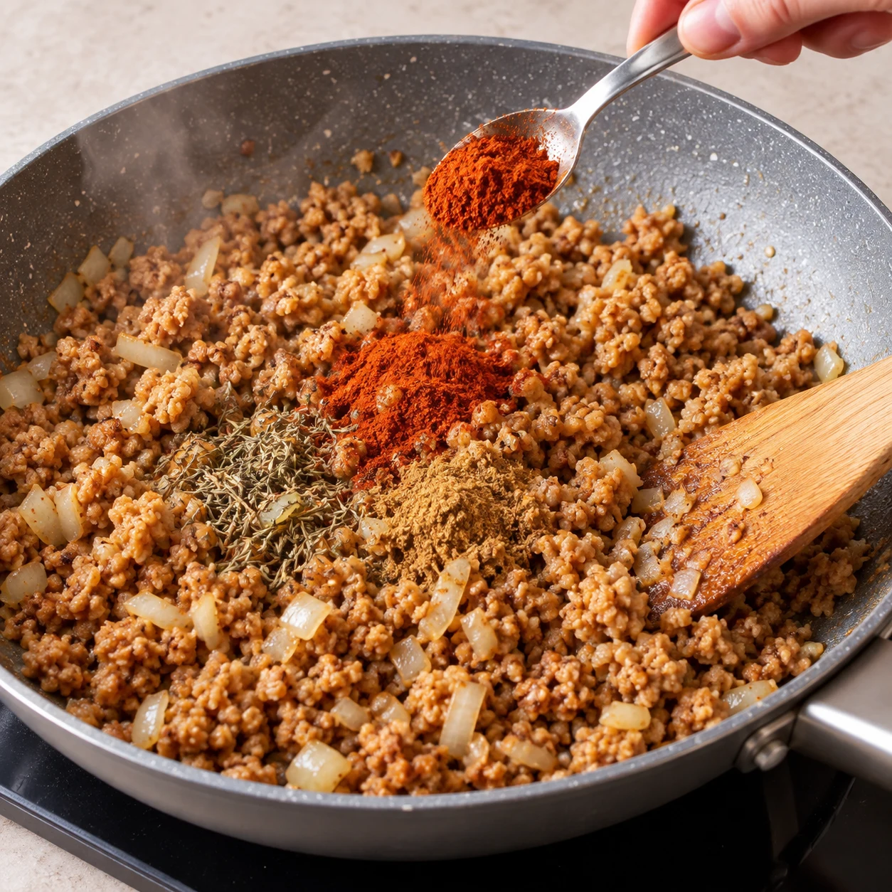 Ajoute 1 càc de paprika, 1 càc de cumin et un peu de thym, puis remue pour enrober la garniture.