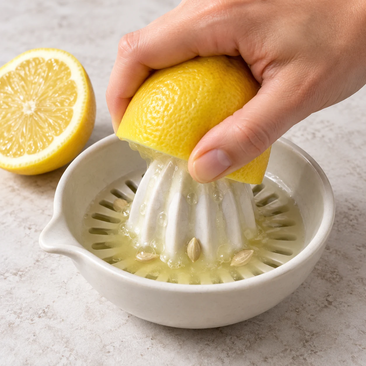 Presser le citron : Le jus de citron est séparé des pépins.