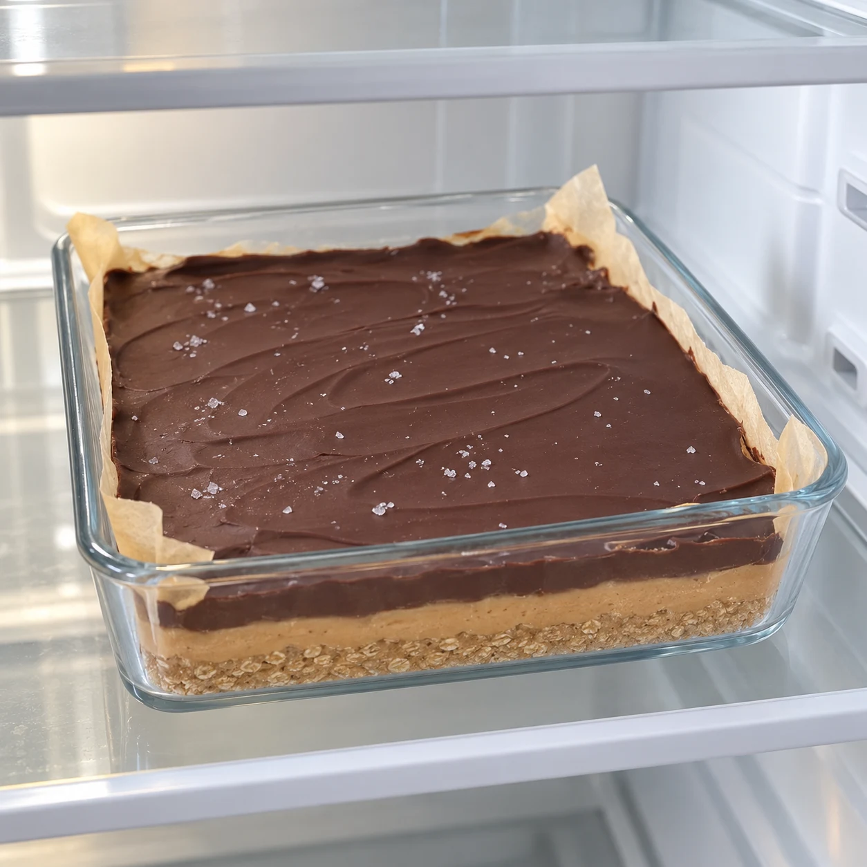 Plat carré chemisé avec les trois couches et quelques cristaux de sel, sur une étagère de réfrigérateur ; chocolat pris.