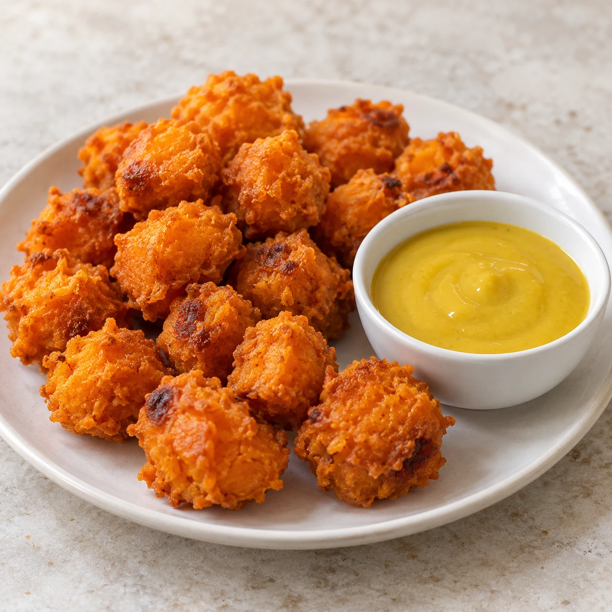 Bouchées dorées irrégulières avec petit bol de sauce jaune, sans main.