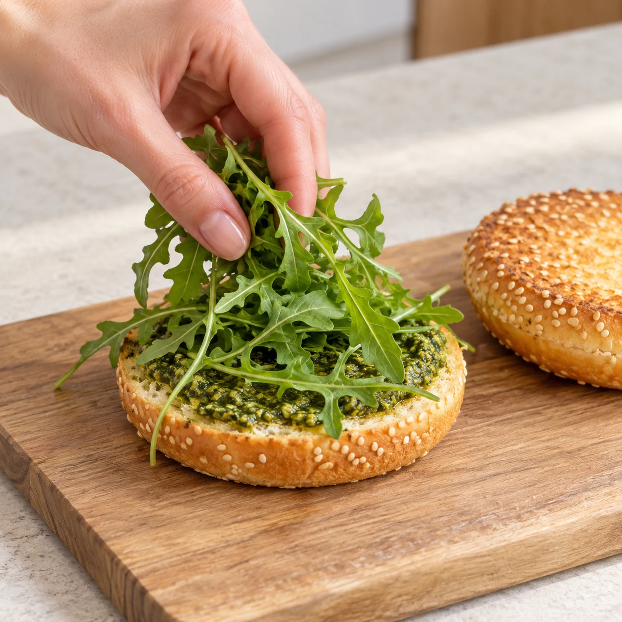 Déposez la roquette sur le pesto. Gardez la quantité de garniture libre comme dans la source. Les pains réellement disponibles sont parsemés de graines de sésame ; ne pas ajouter de sésame ailleurs.