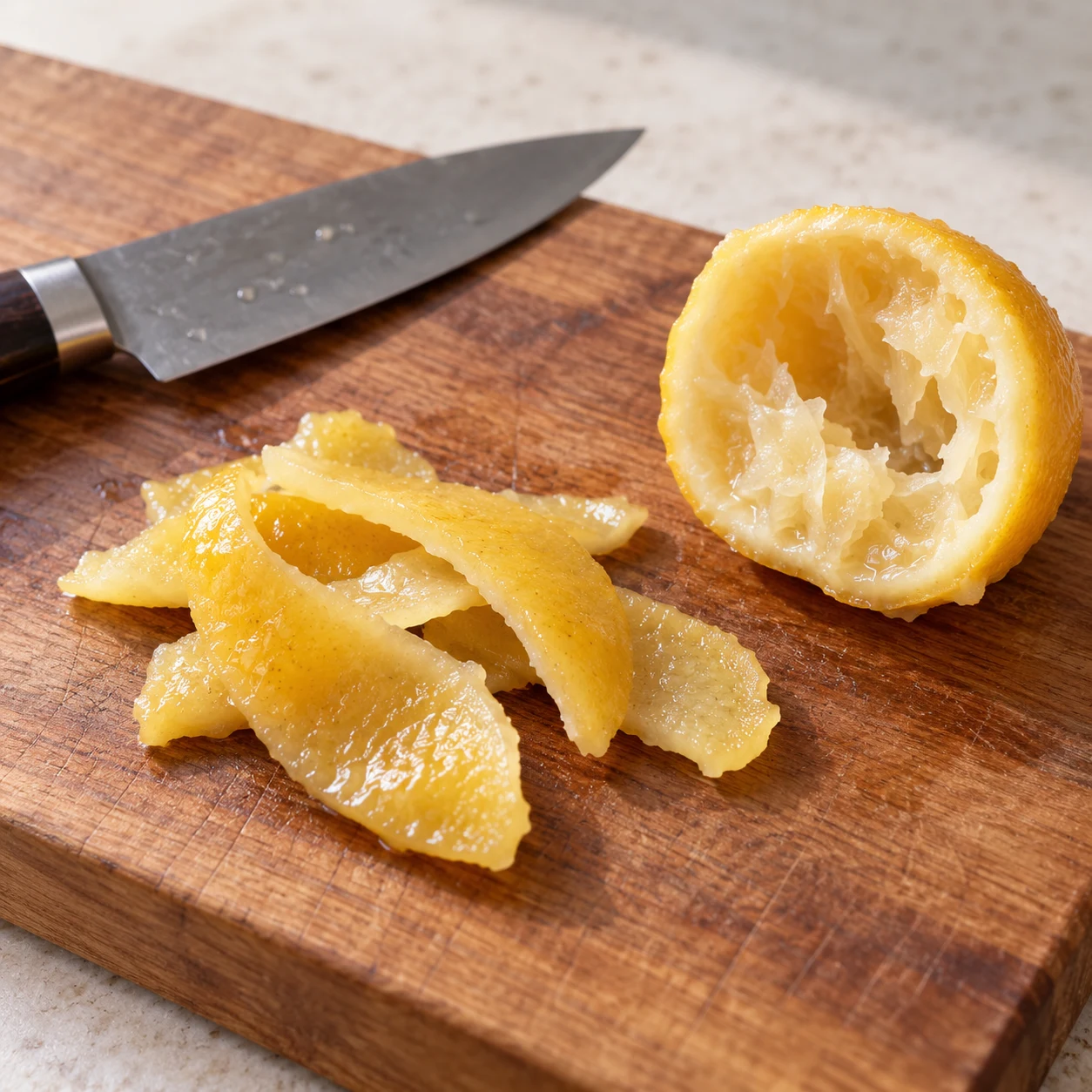 Peau de demi citron confit au sel séparée de la pulpe sur une planche.