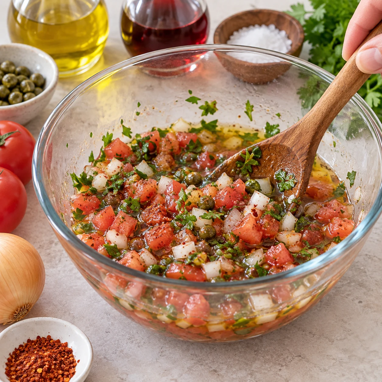 Mélanger la sauce vierge : Les petits cubes crus et les herbes baignent dans une sauce huile-vinaigre.
