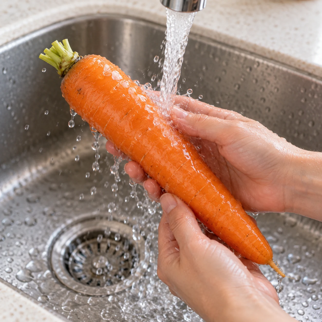 Préparer la carotte : Lave la belle carotte destinée au bouillon. Garde-la entière comme dans le bouillon de la source. Repère final : La carotte est propre et entière.