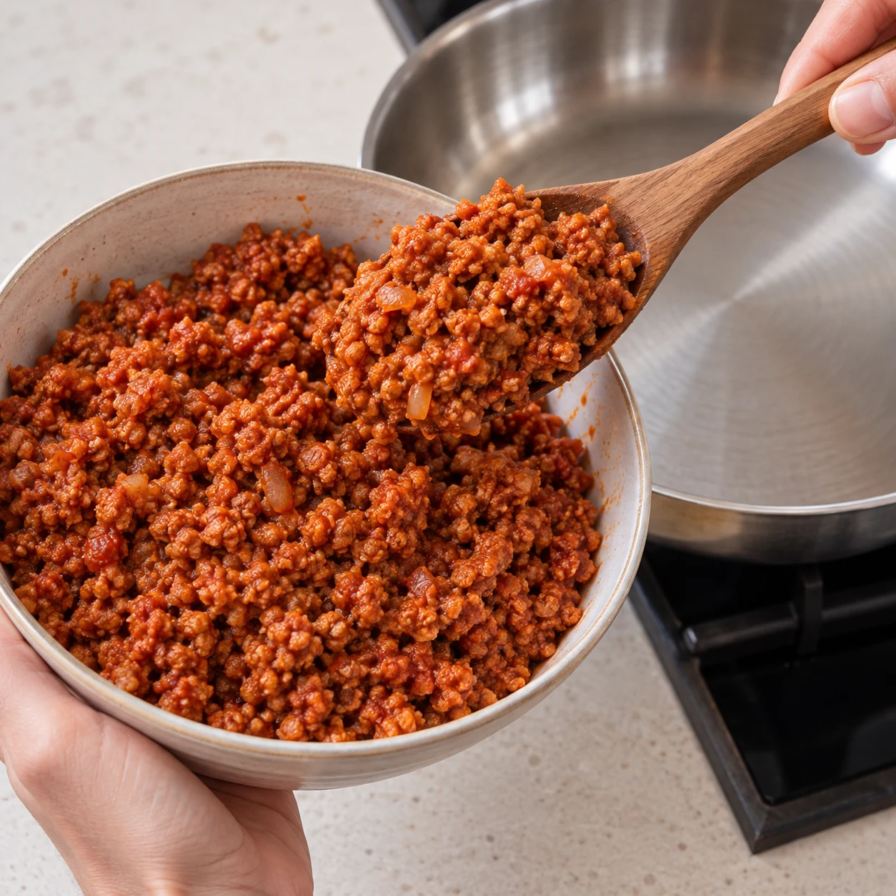 Prélève 450 g de haché de soja cuisiné à la tomate dans un récipient, prêt à être ajouté à la poêle. Montrer uniquement les ingrédients de cette étape. Pour le haché : petites miettes de soja cuisiné rouge-brun à la tomate et aux oignons, légèrement humides, jamais viande ni tofu. Huile pimentée liquide sans gros morceaux de piment ; poivre noir moulu, aucune baie de Sichuan. Lumière naturelle claire, pierre pâle, vaisselle neutre, mains adultes anonymes seulement si nécessaires ; aucun texte, visage, vêtement, bijou ni identité de la personne.