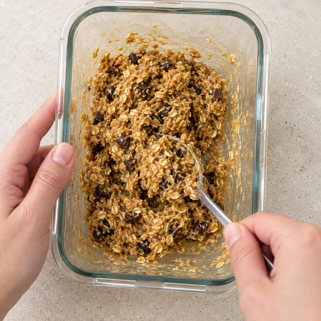 Une cuillère mélange une pâte humide épaisse d’avoine et de purée de cacahuète, avec pépites entières.