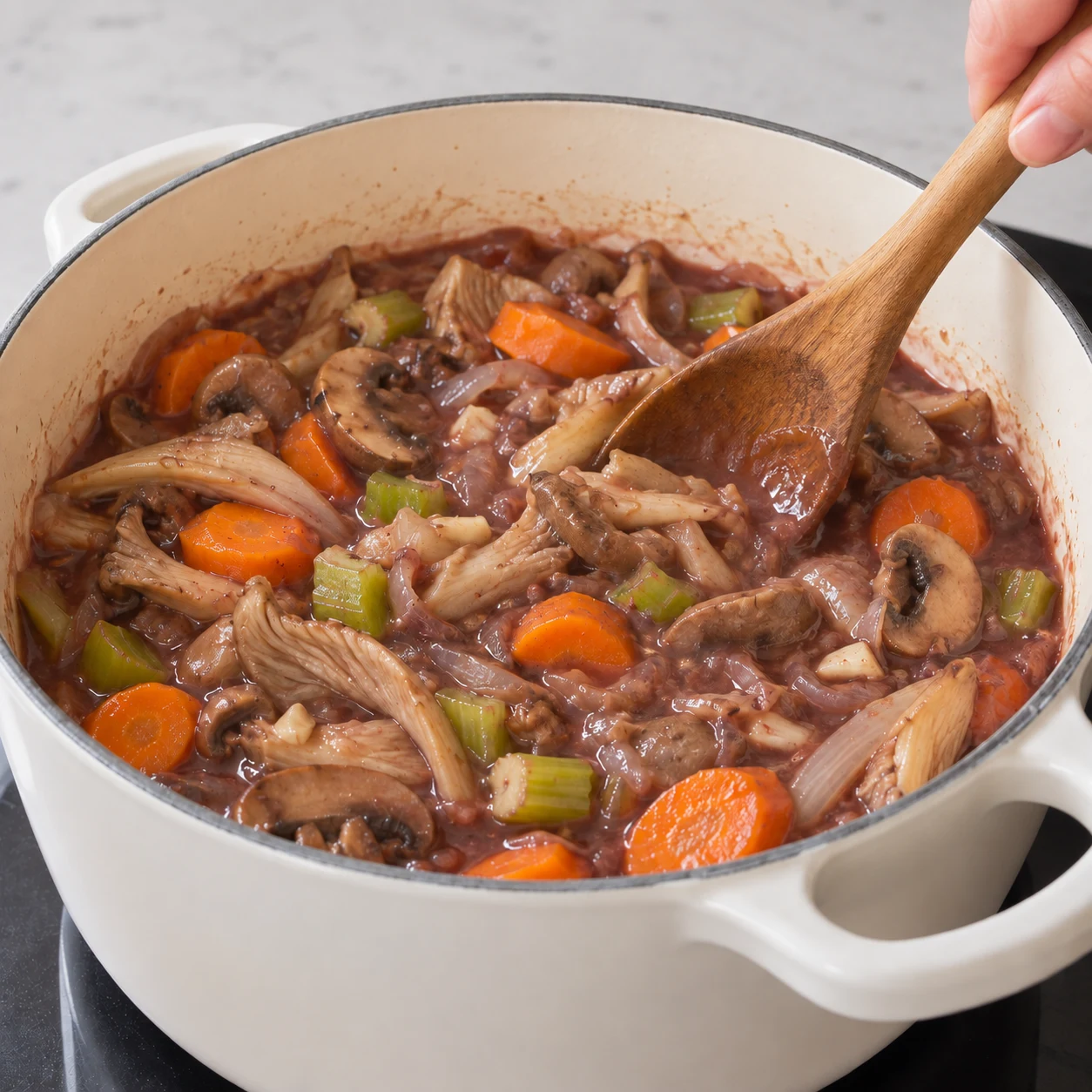 Mélanger le bourguignon : La farine est dispersée dans le liquide, sans amas visibles.
