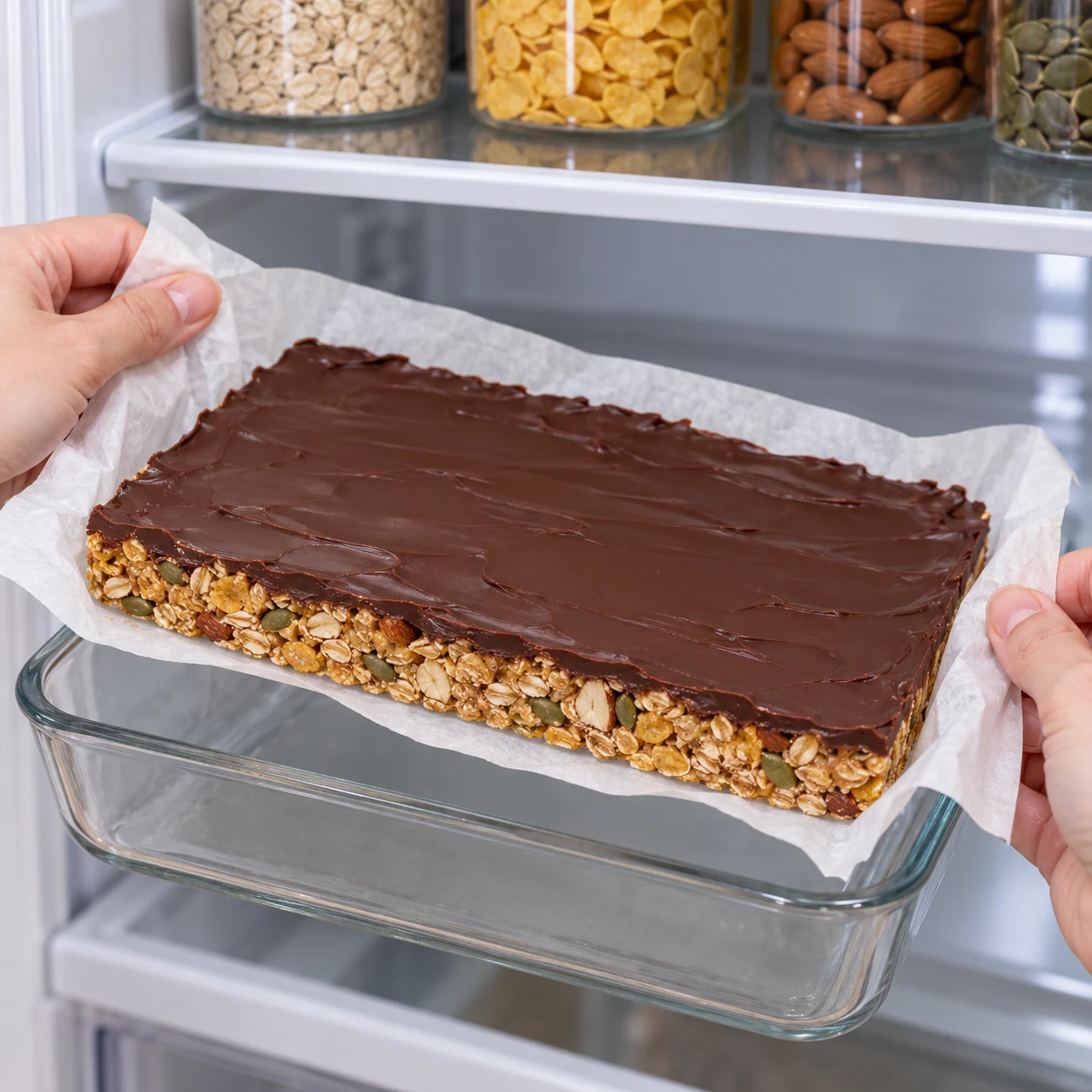 Laisser figer au froid. La couche de chocolat est solide et la plaque peut être soulevée avec le papier.