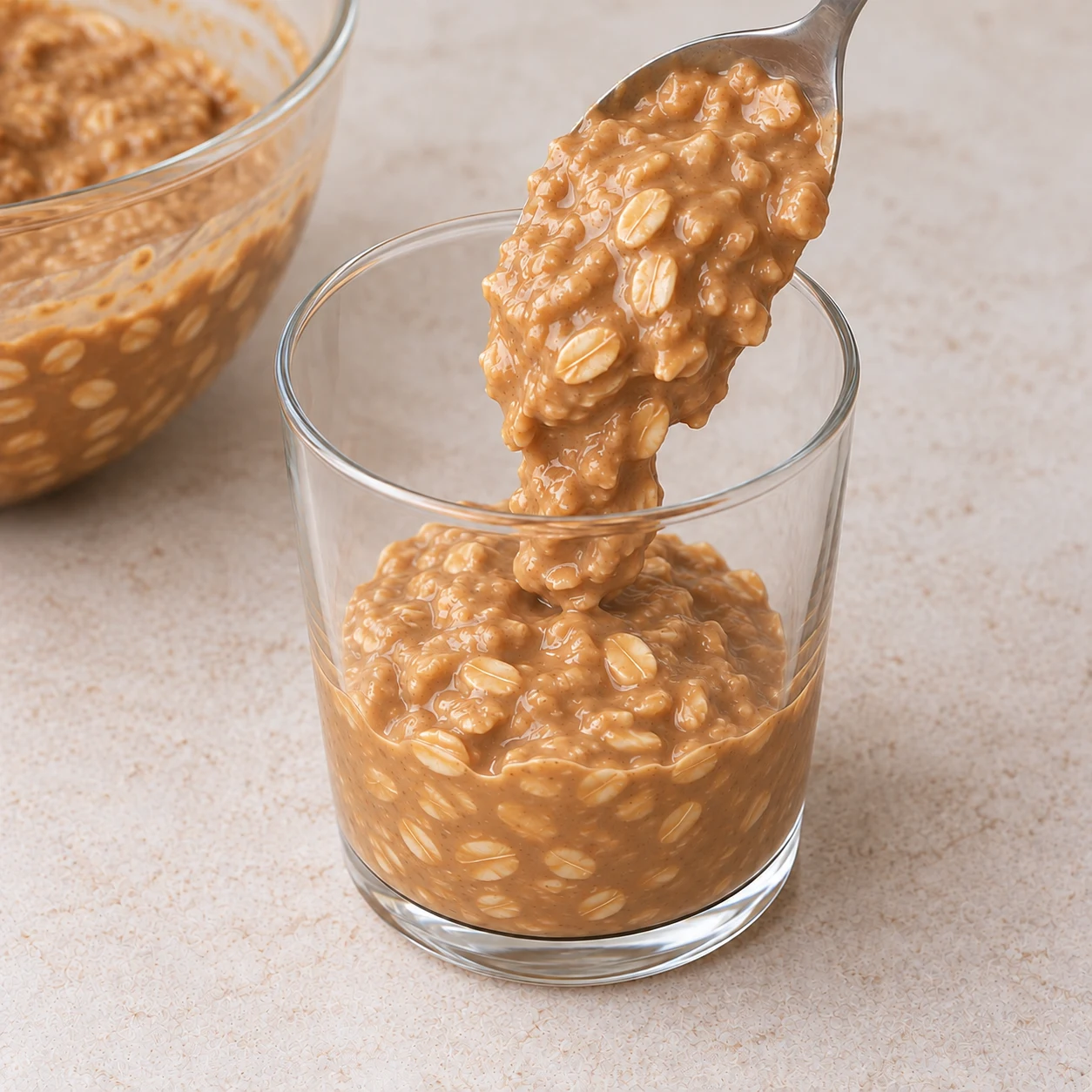 Une cuillère dépose le porridge épais brun avec flocons et flocons d’avoine supplémentaires dans un verre transparent.