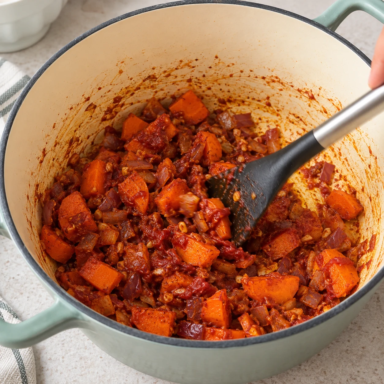 Une photographie carrée : Incorpore les deux cuillères à café bombées de concentré de tomates. Résultat : Le concentré de tomates est réparti sur les légumes.. Aucun ingrédient futur. Le Cayenne remplace le piment fumé original ; pas de piment fumé ajouté.