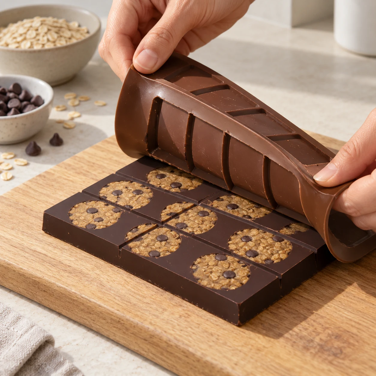 Mains adultes anonymes qui décollent un moule en silicone d'une tablette de chocolat noir dont la face lisse montre des disques de pâte à cookie.