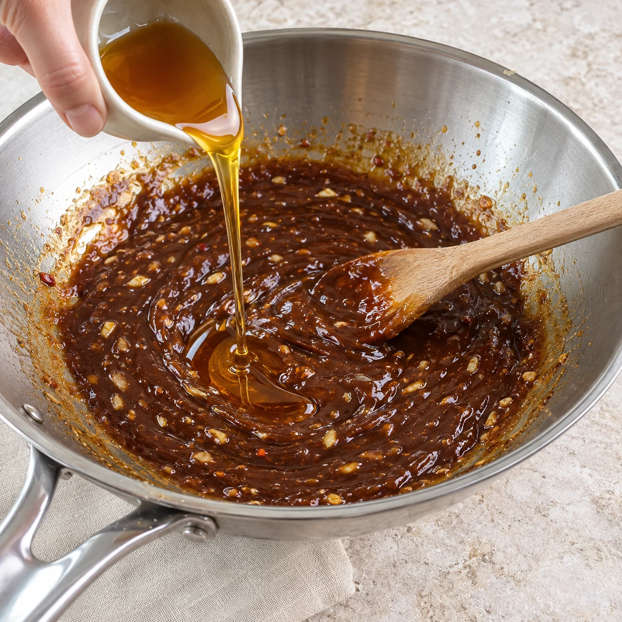 Du sirop d’agave ambré coule d’une cuillère neutre dans la sauce brune épaisse, wok hors du feu ; aucun pot de miel ni cuillère à miel.