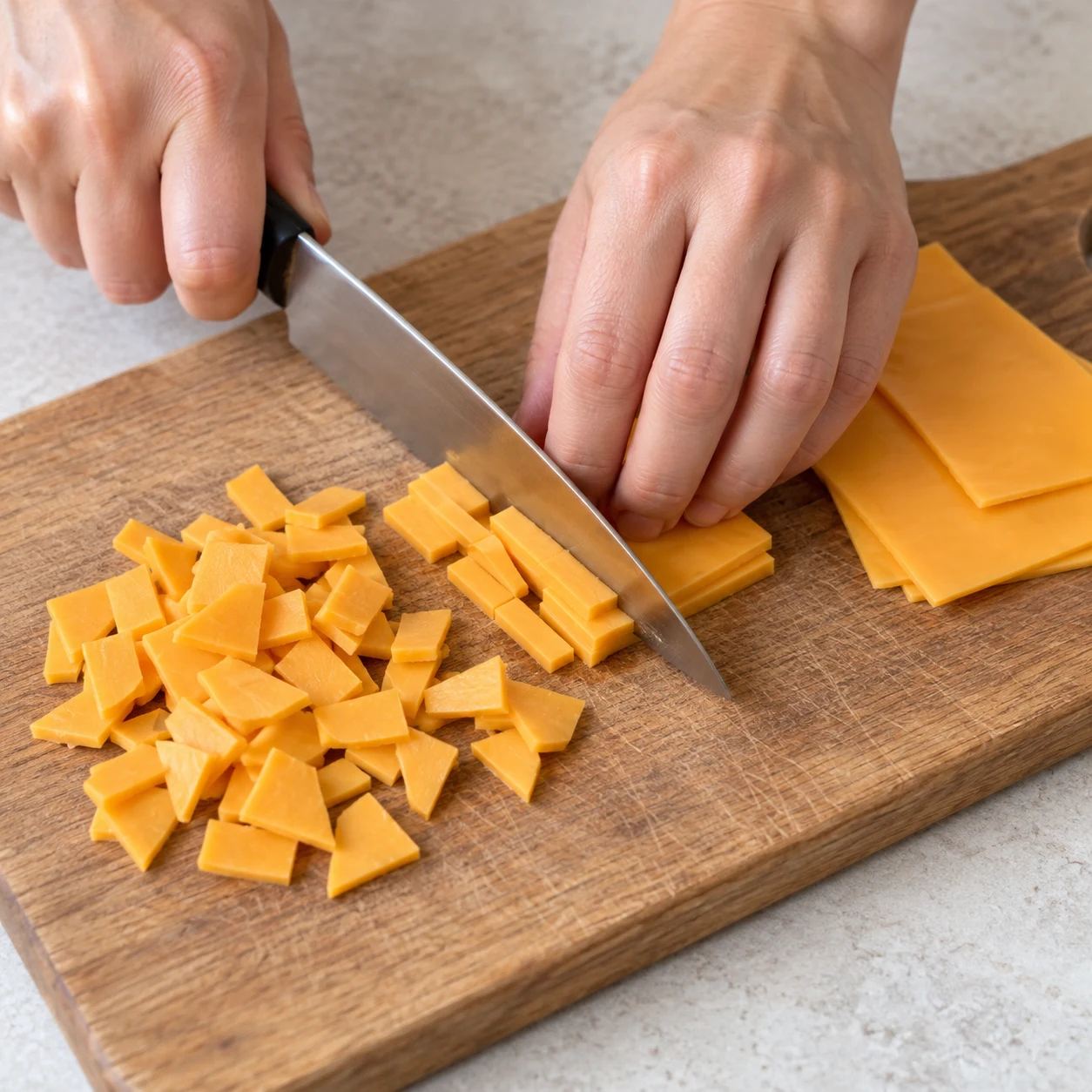 Une main adulte anonyme découpe des tranches végétales souples orangées saveur cheddar en petits morceaux, avec un couteau et une prise sûre sur une planche stable. Aucun fromage blanc ni produit laitier.