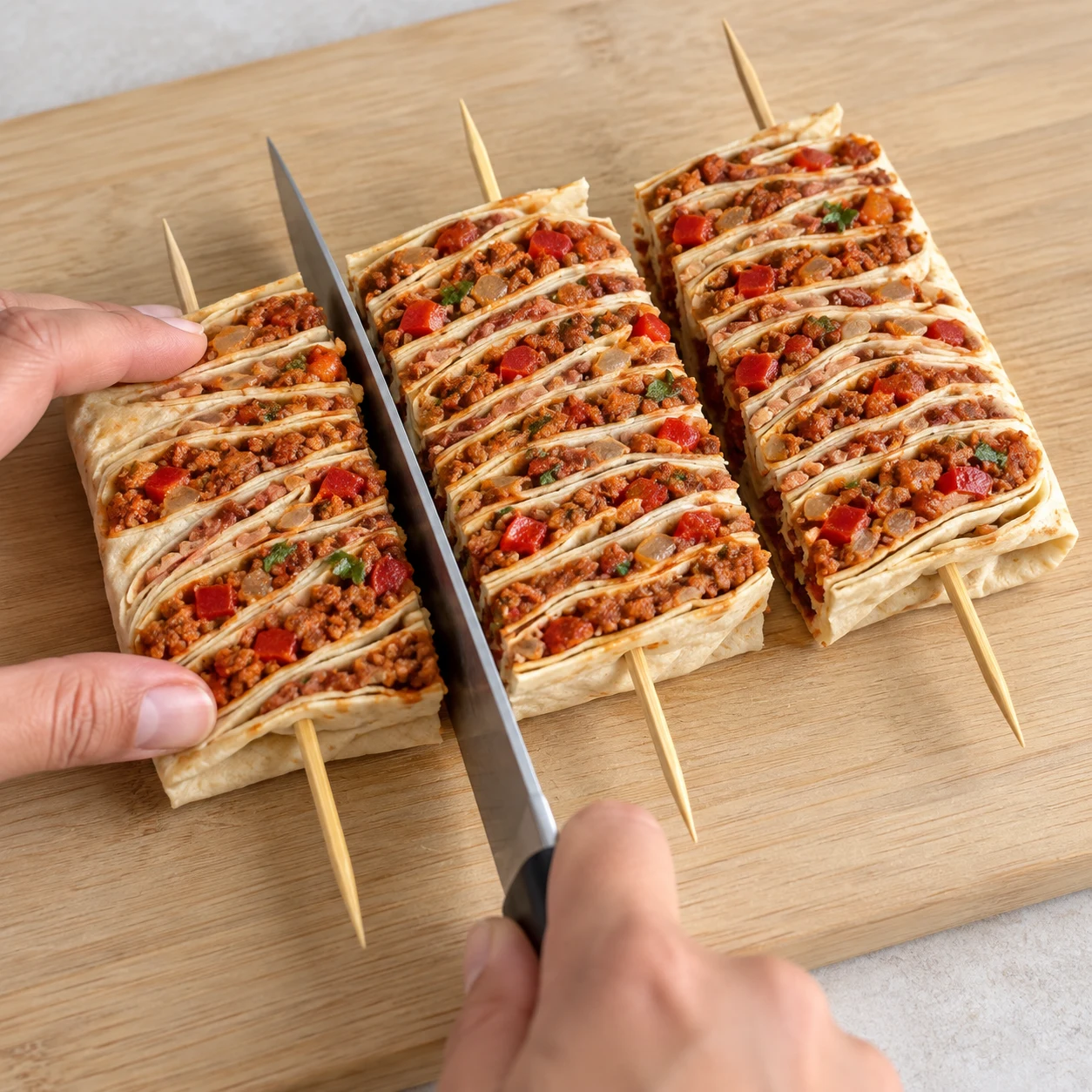 Coupez le bloc entre les trois piques pour obtenir trois brochettes, une par personne. Montrer uniquement cette phase, sans texte ni personne identifiable ; soja cuisiné brun-rouge émietté, jamais viande rose.