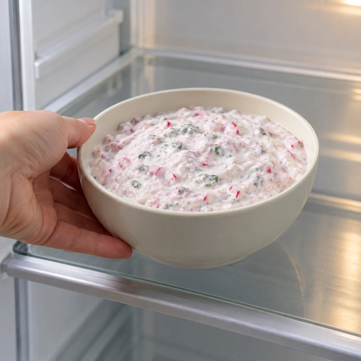 Bol blanc de tzatziki légèrement rosé dans un réfrigérateur propre, sans huile ni rondelles de garniture.