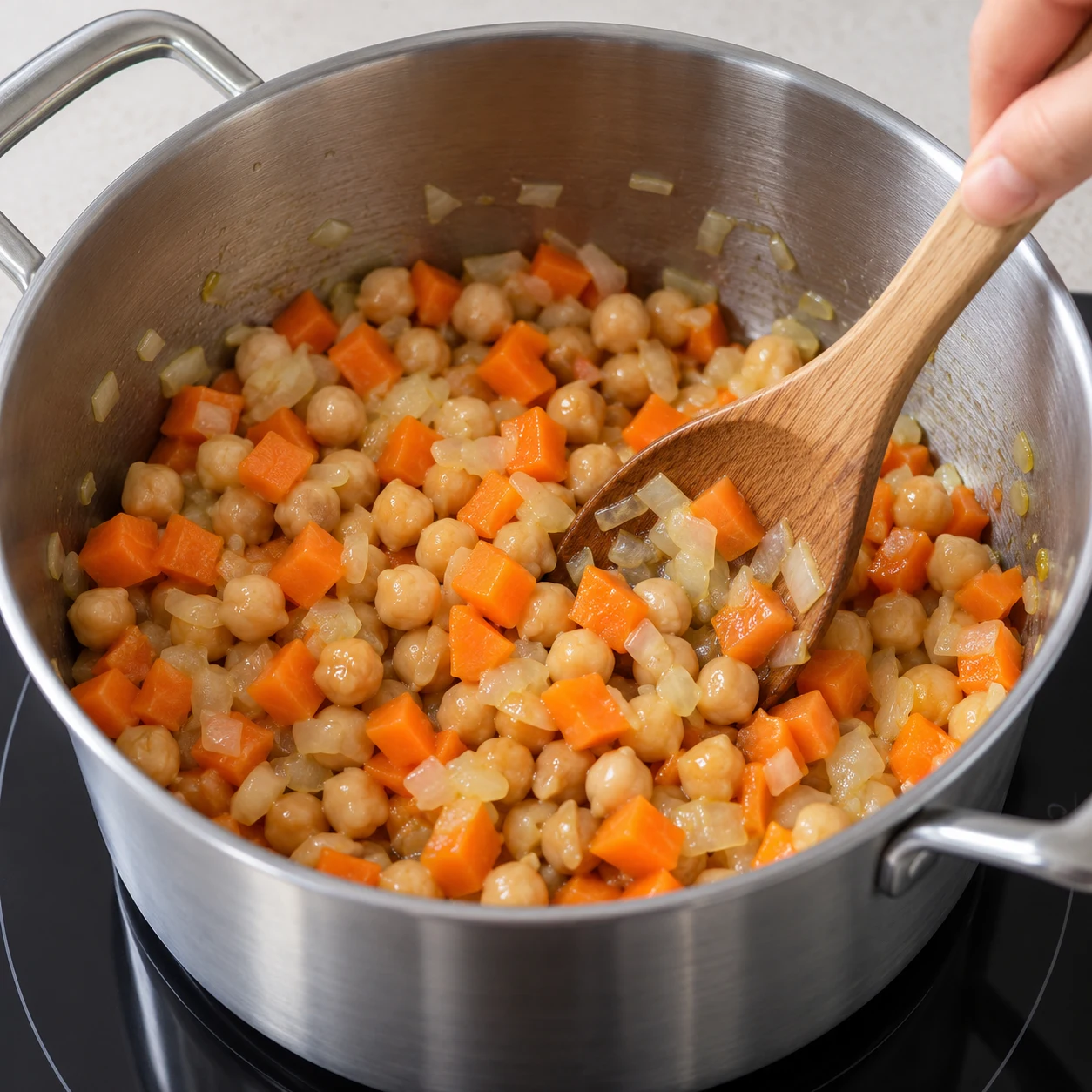 Une casserole inox contenant dés de carotte, oignon et pois chiches cuits, cuillère remuant, sans épices ni lentilles.