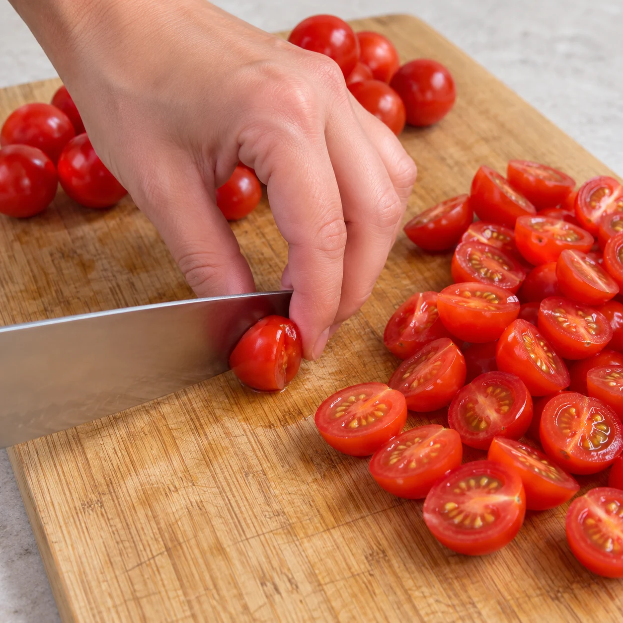 Coupez les 500 g de tomates cerises en deux sur la planche, en gardant les doigts repliés derrière la lame. Montrer une seule phase et aucune personne identifiable.