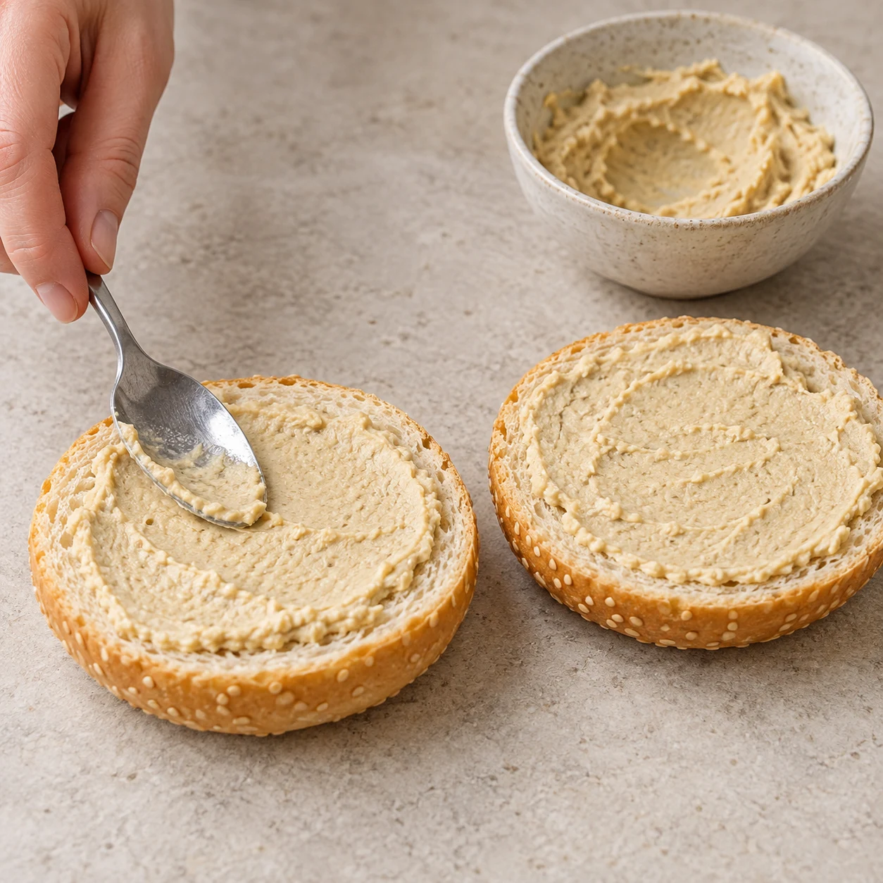 Étalez une partie des 20 g de houmous sur les bases des pains. Réservez le reste pour les chapeaux. Montrer seulement cette action et les ingrédients déjà présents.