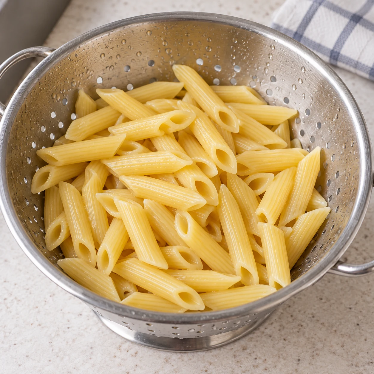 Penne cuites seules dans une passoire, texture ferme et humide, aucun ingrédient de sauce.