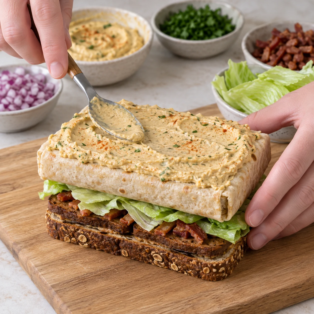 La tranche centrale enveloppée de galette de blé est posée sur un étage steaks végétaux et salade puis tartinée.