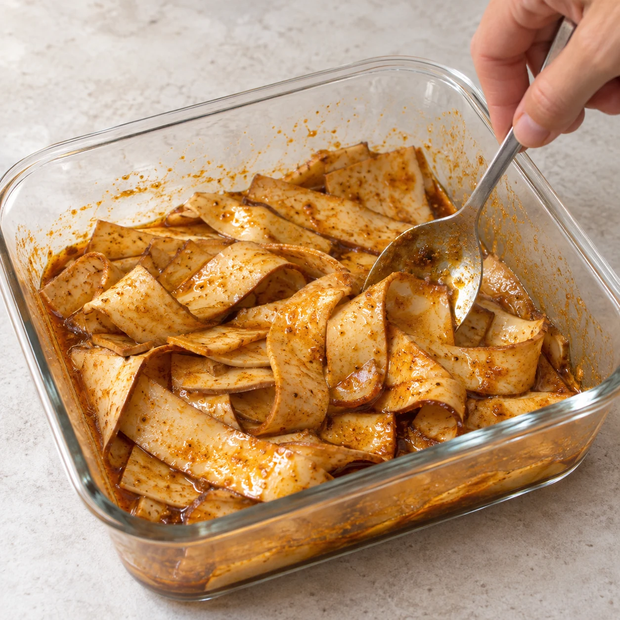 Faire mariner le tofu : Les lamelles sont enrobées de marinade orangée.