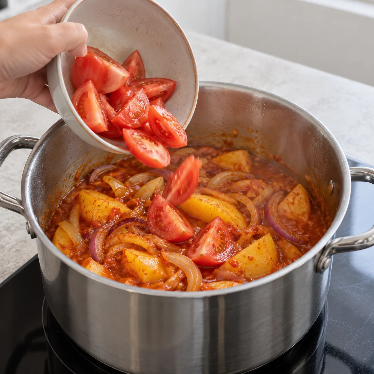 Photographie culinaire carrée de cette seule action : Ajouter la tomate. Quartiers de tomate visibles dans la sauce. Aucun poulet ni produit animal.