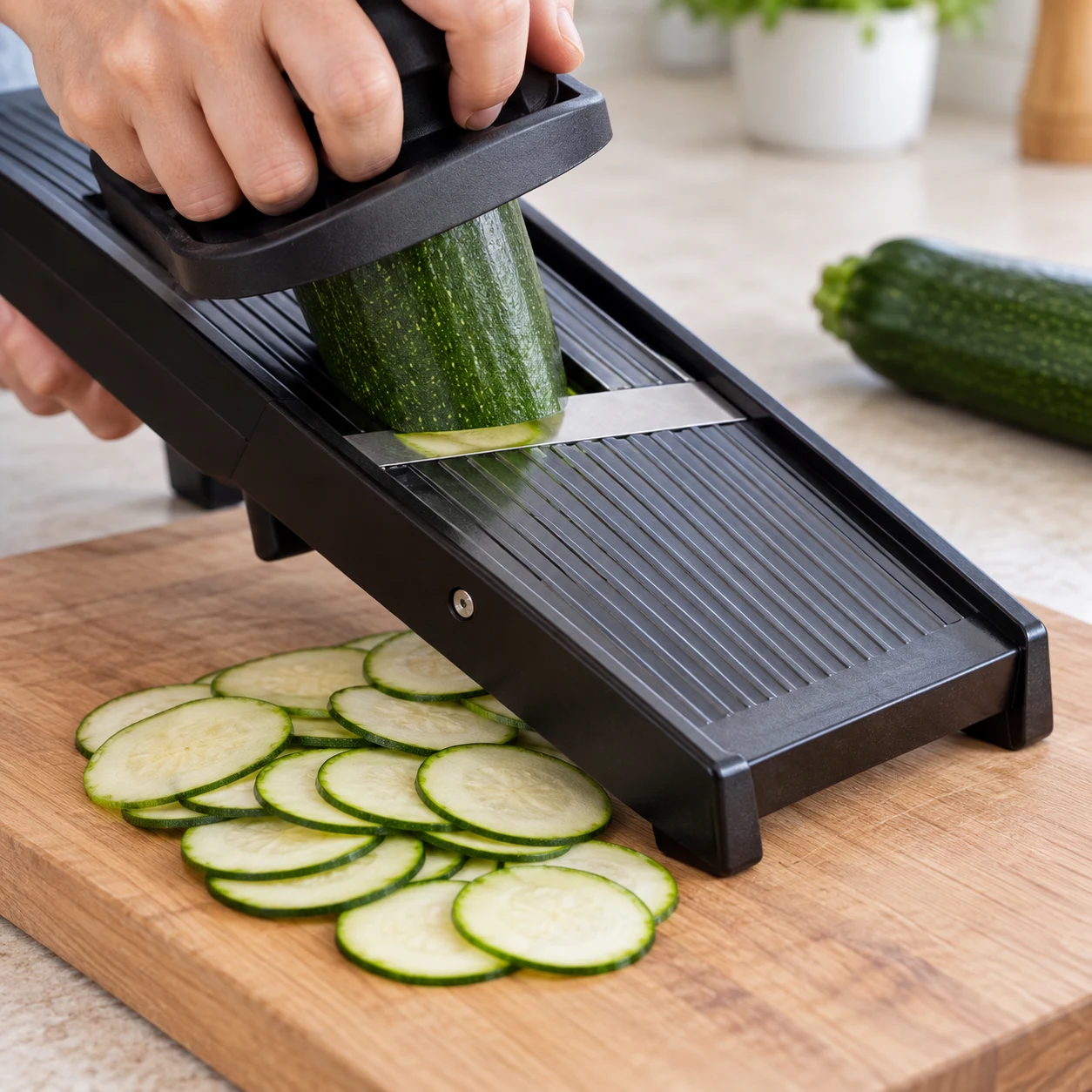 Mandoliner la courgette verte : Les rondelles de courgette verte sont fines et régulières.