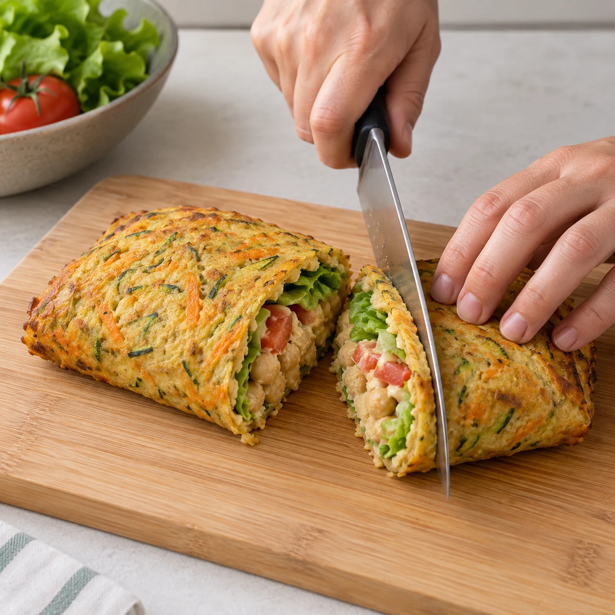 Une seule photographie carrée du geste « Partager en deux portions »: Retire tout papier et tout aluminium avant de couper le burrito en deux portions avec un couteau sur une planche stable. État obtenu: Deux portions sont coupées net; aucun papier ni aluminium ne se trouve dans les aliments.. Uniquement les ingrédients autorisés à cette étape; pas de visage, de texte ou d’ingrédient animal.