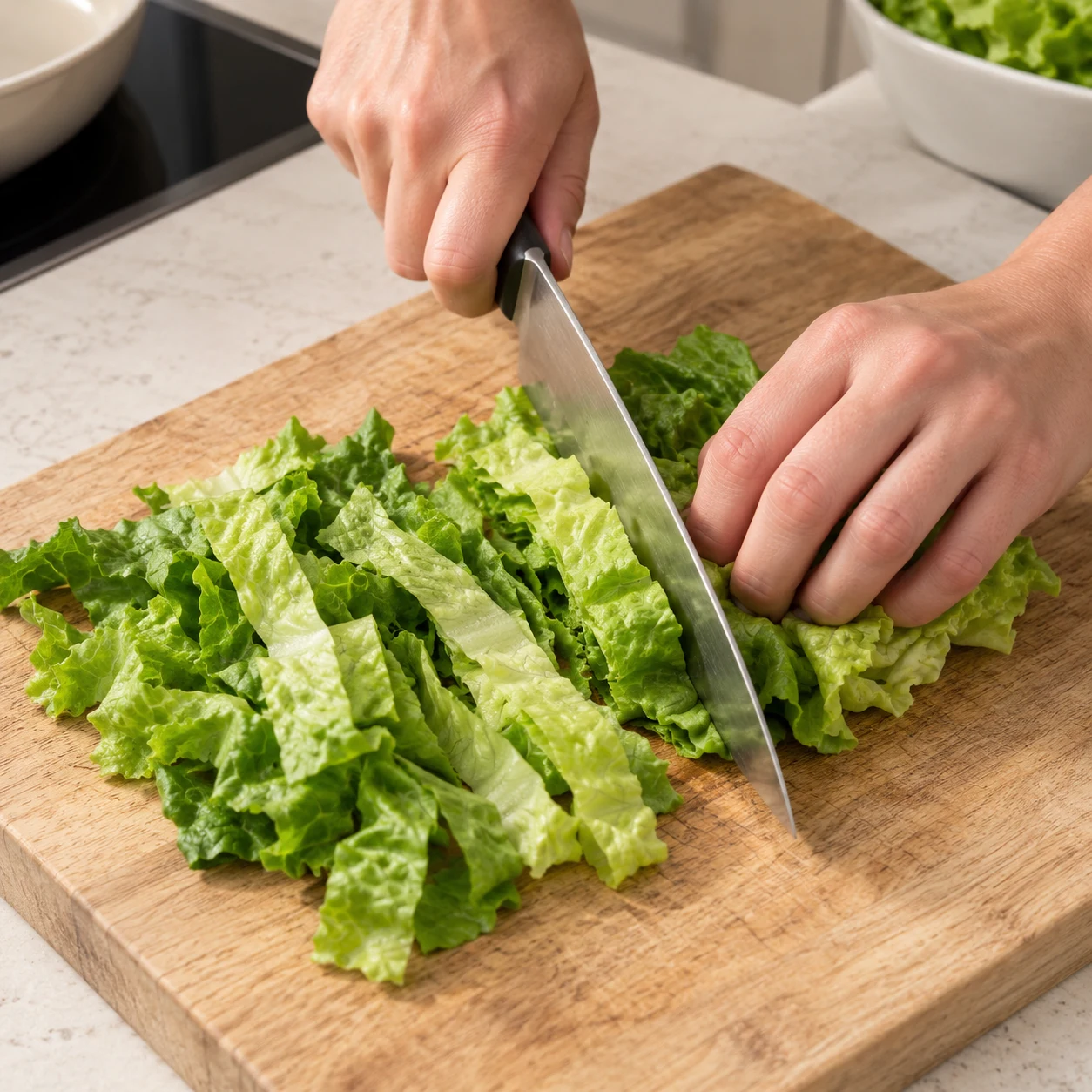 Planche en bois avec des feuilles de salade verte coupées en larges lanières, couteau de chef et mains adultes anonymes tranchant la salade.
