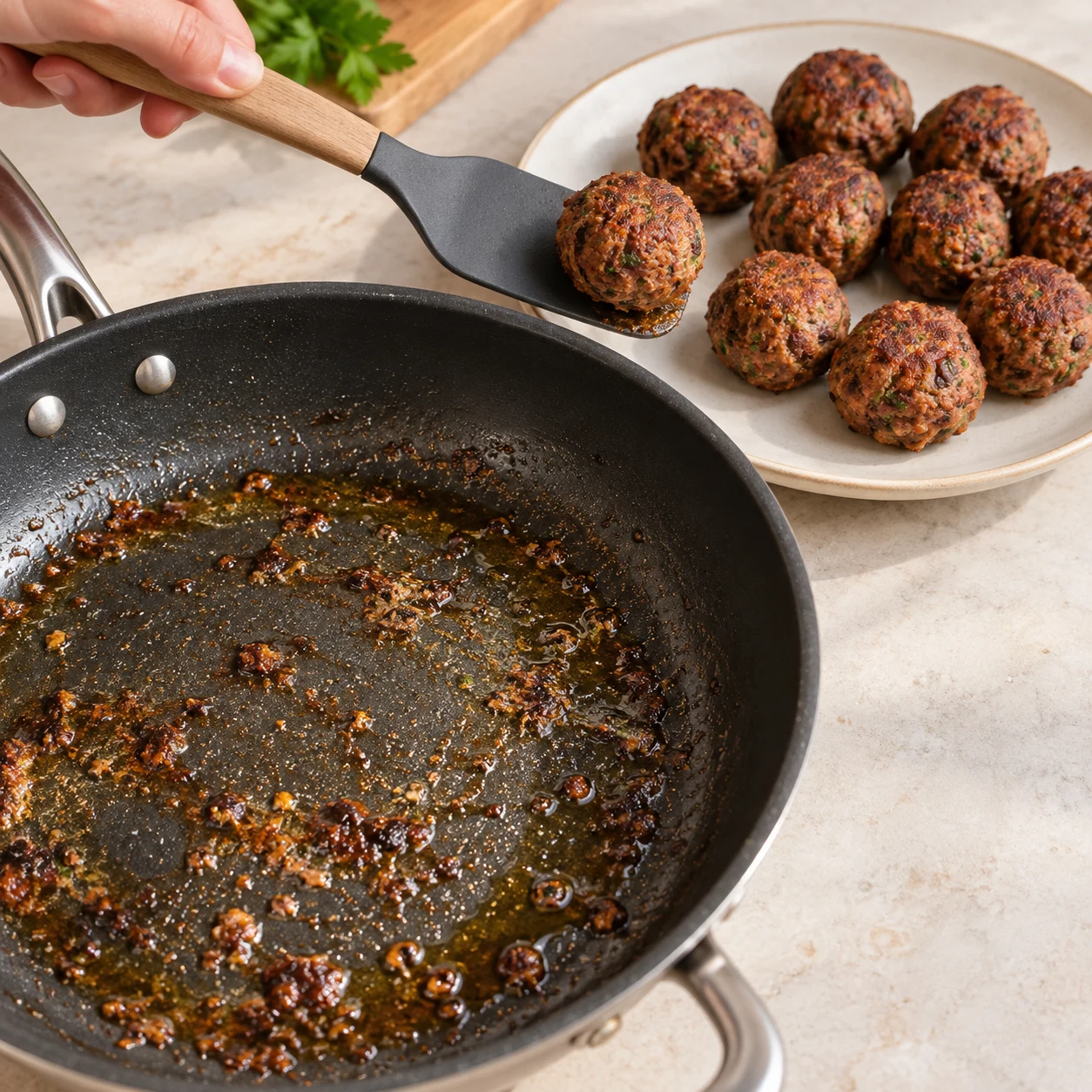 Réserver les boulettes. Les boulettes sont hors de la poêle et les sucs de cuisson restent dans celle-ci. Une seule photographie carrée, geste et état conformes à la capture ; aucun ingrédient absent de cette étape.