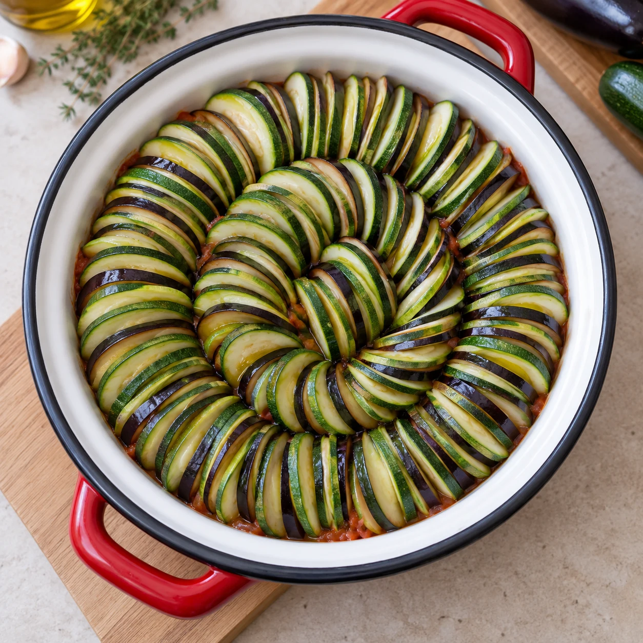 Ranger les millefeuilles : Les rondelles dressées sur leur côté garnissent le plat. Rondelles d’aubergines et de courgettes vertes uniquement ; aucune rondelle de tomate, aucune courgette jaune.