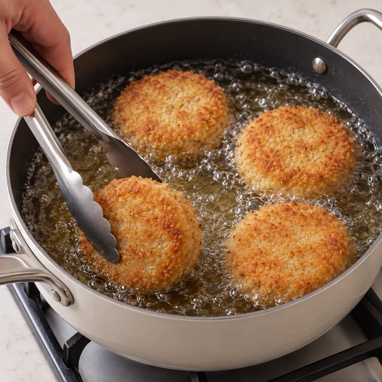 Frire les croquettes : montrer uniquement cette phase, avec les ingrédients véganes de la liste et des mains adultes anonymes si nécessaires.
