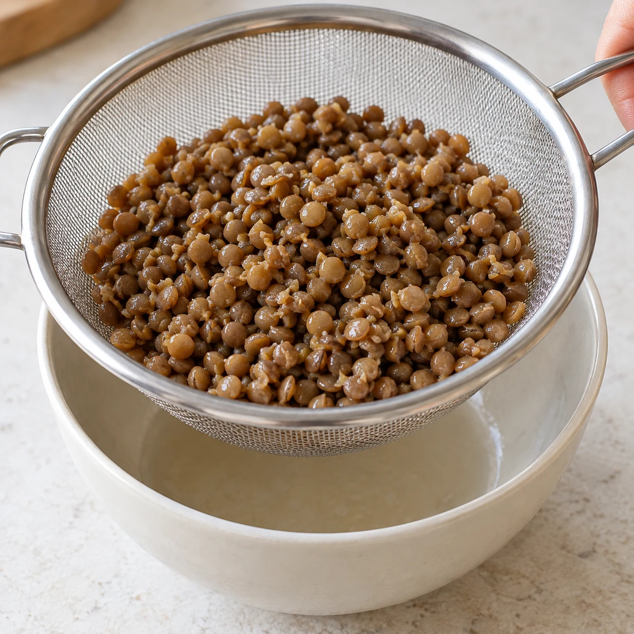 Lentilles brunes cuites dans une passoire au-dessus d’un bol.