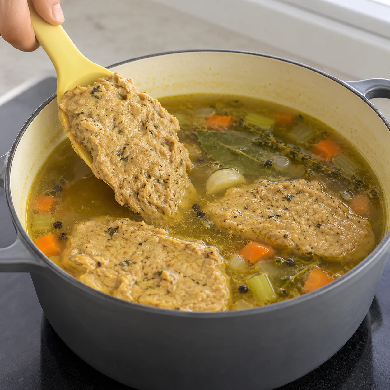Remettre dans le bouillon : Les escalopes cuites baignent de nouveau dans le bouillon.