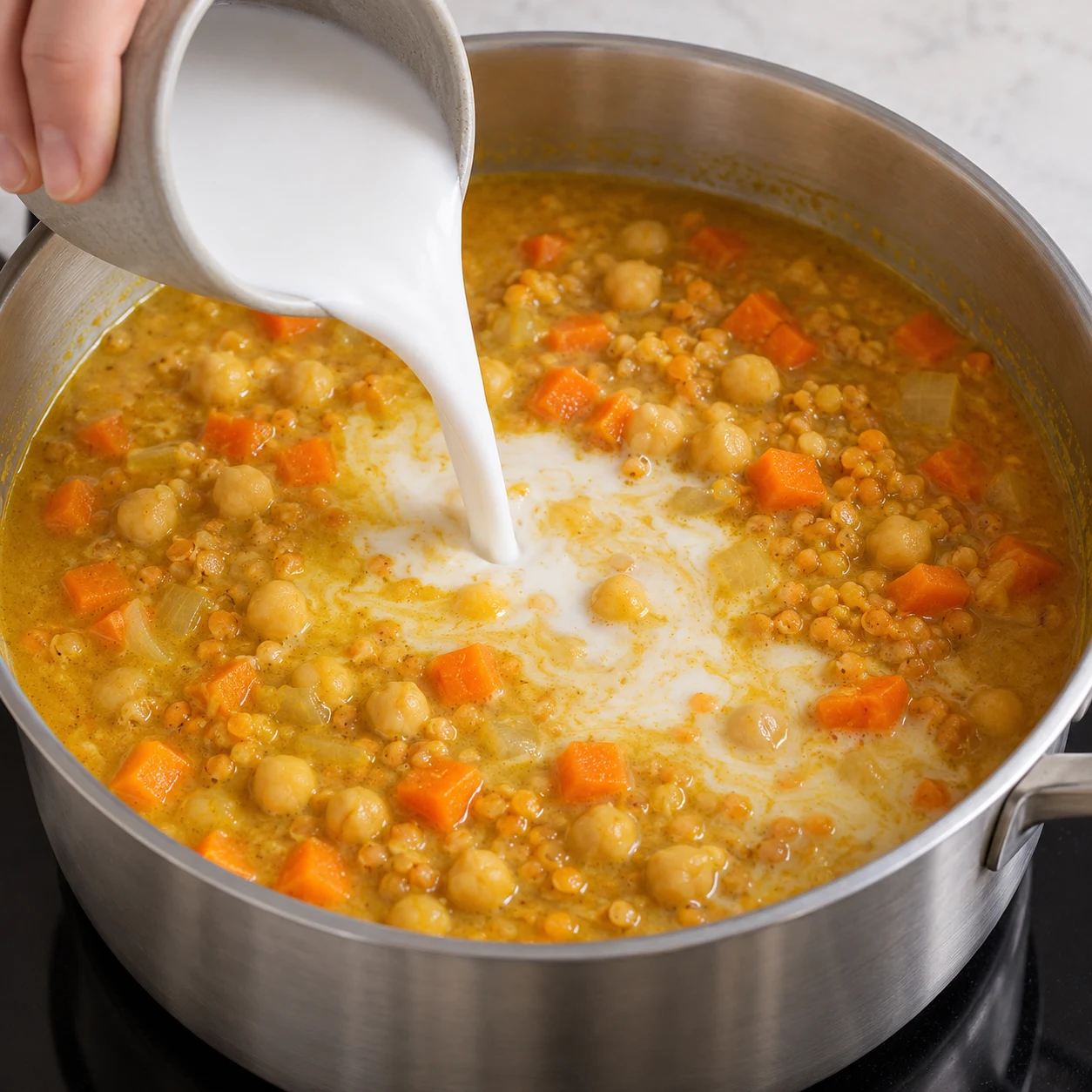 Petit récipient versant du lait de coco blanc dans un curry jaune aux pois chiches, carottes et lentilles, sans épinards.