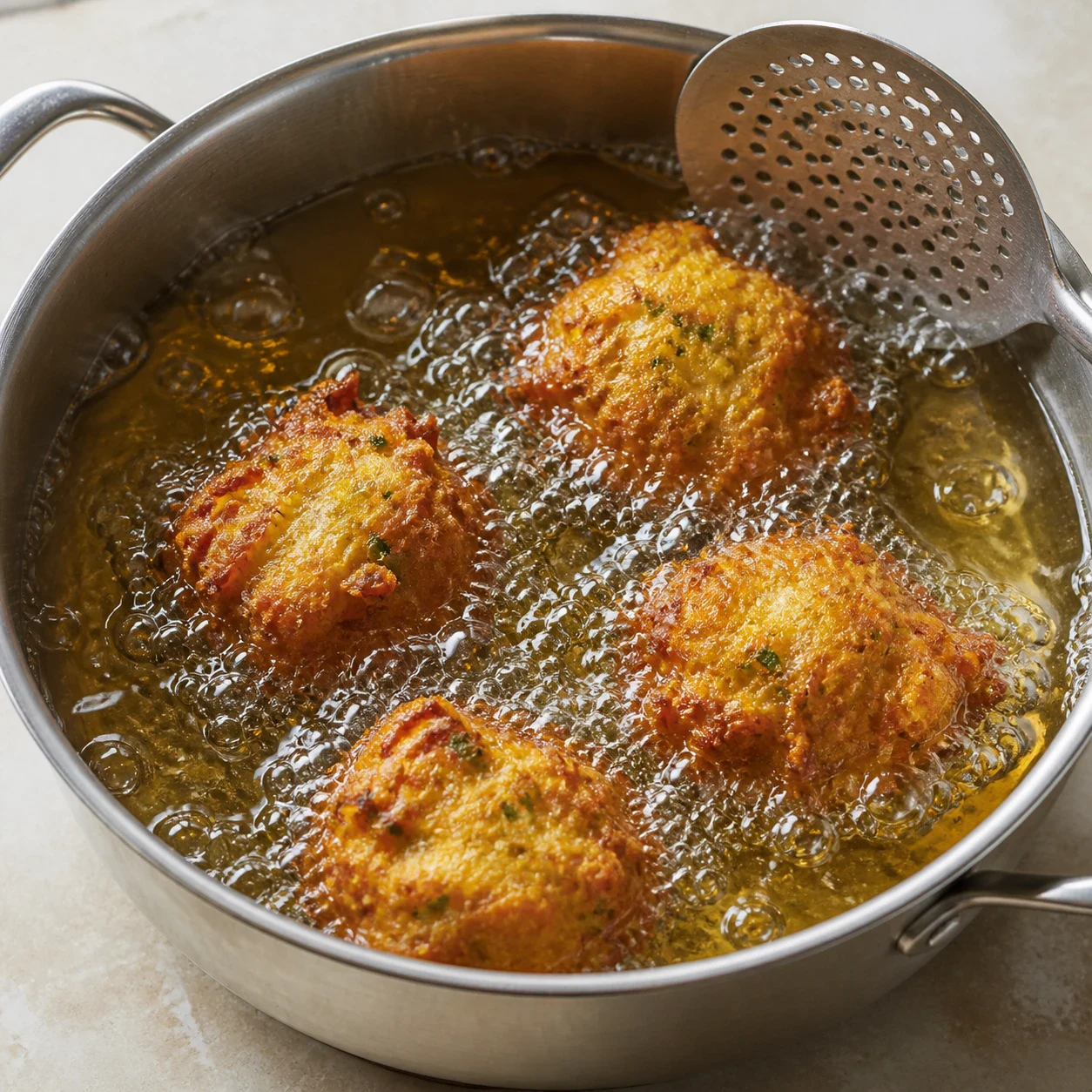 Accras en train de frire dans une casserole d'huile de friture bien chaude, quatre bouchées irrégulières brun doré remontées à la surface, bulles autour, écumoire posée sur le bord. Aucune main, aucun texte, aucune marque.