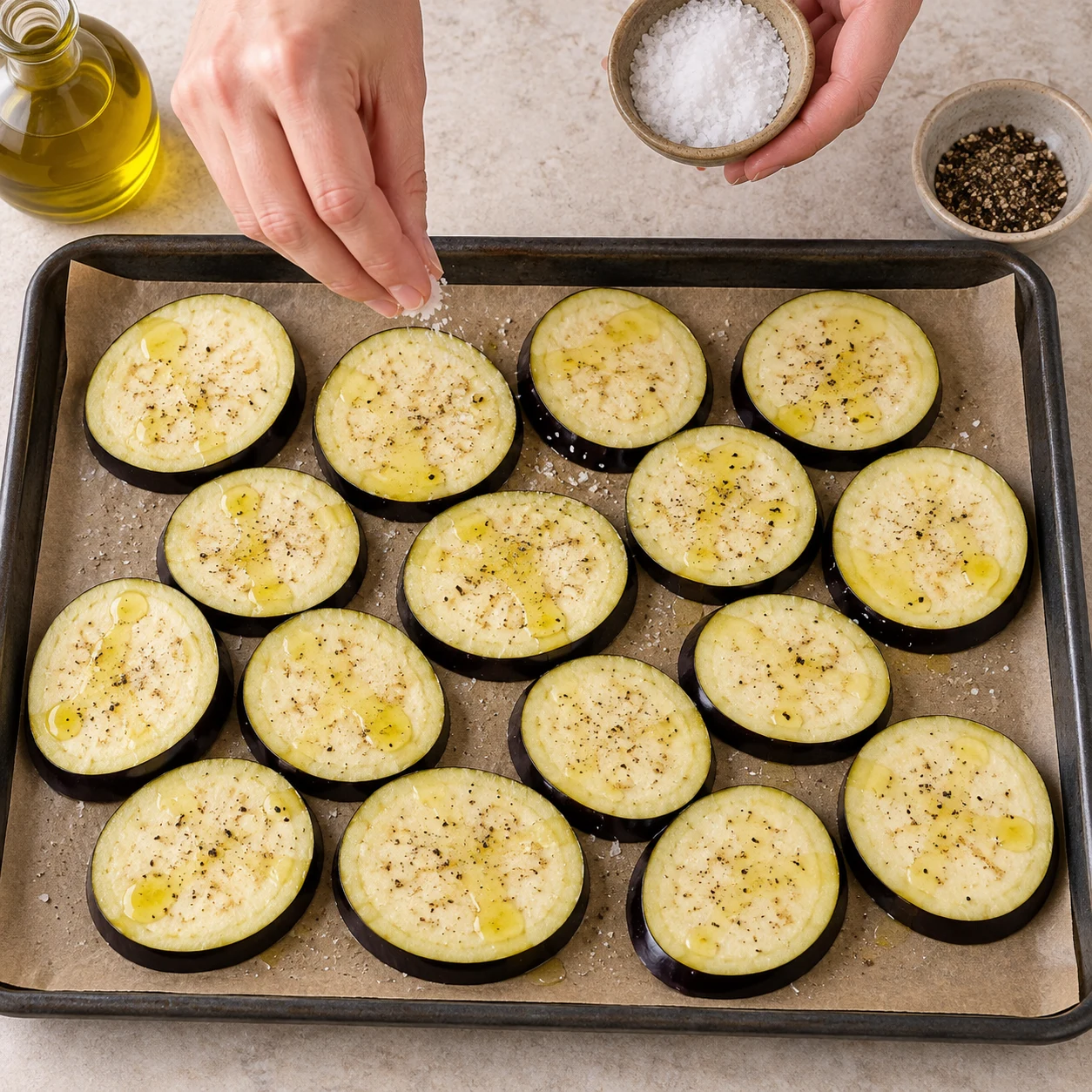 Une seule photo de l’action « Assaisonner les aubergines », le sel et le poivre sont répartis sur les rondelles.