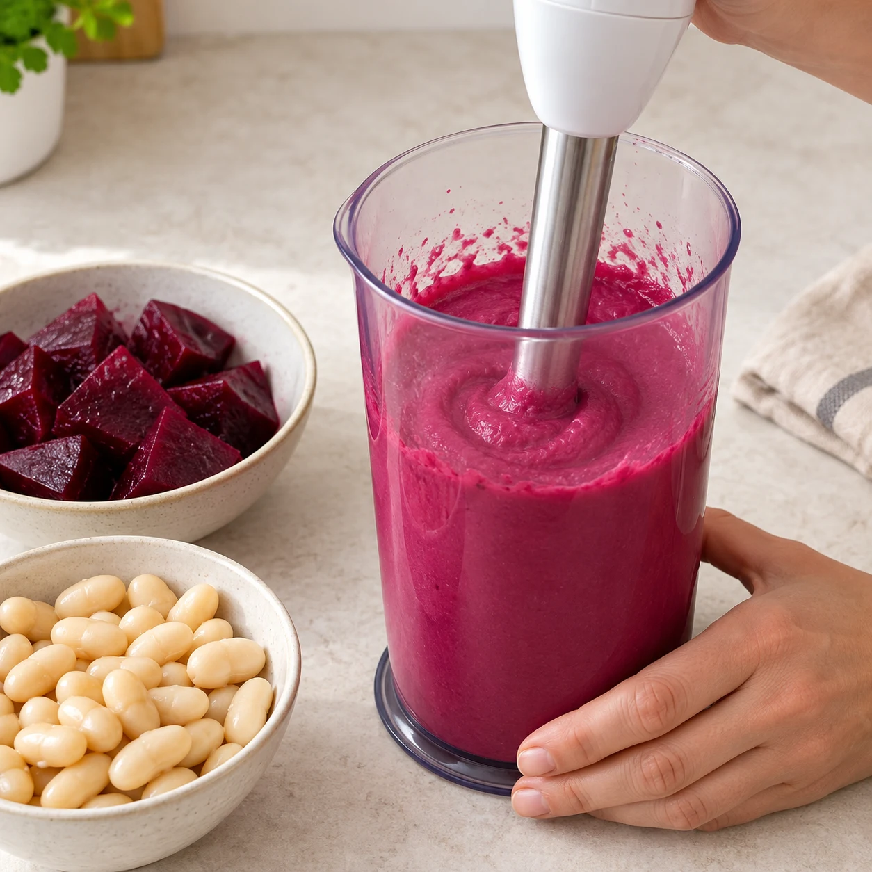Mixeur plongeant dans une purée magenta homogène, récipient haut stable.