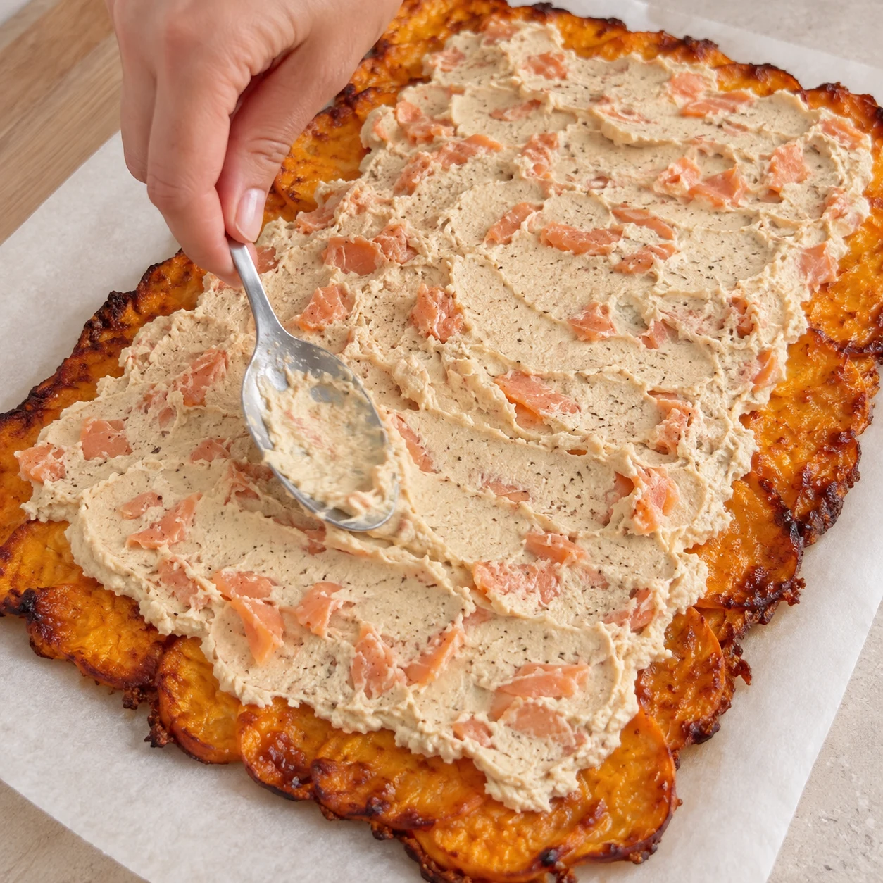 Cuillère étalant le houmous beige aux petits morceaux végétaux orange sur la feuille cuite.