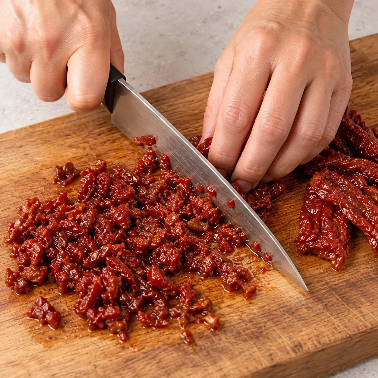 Hachage de tomates confites égouttées rouge sombre et moelleuses, couteau et prise en griffe sûre.