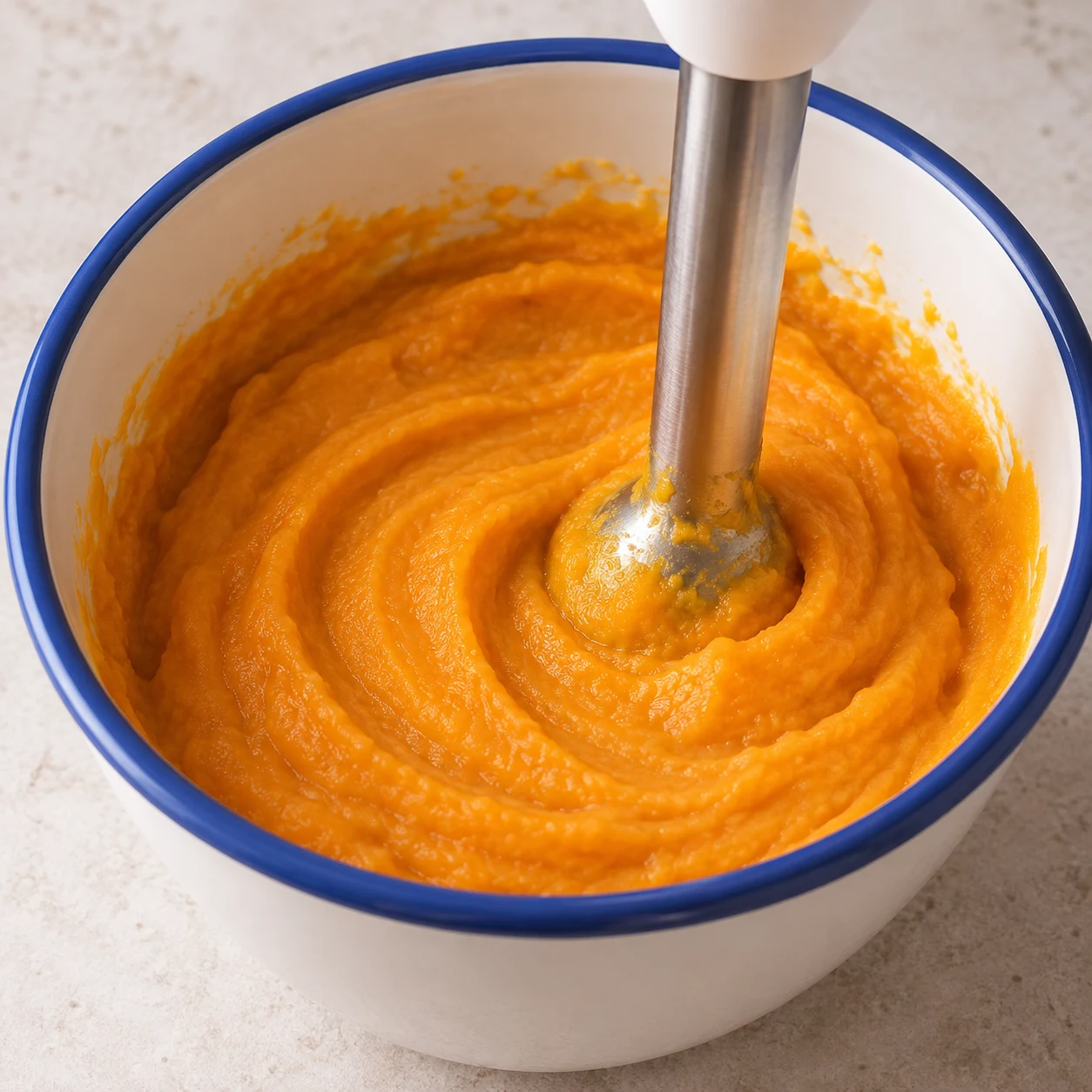 Une photographie pédagogique du geste « Mixer la purée » et de son résultat : La purée est lisse, sans gros morceaux de courge ou d’ail. Fidélité aux ingrédients végétaux finaux, sans autre ingrédient.