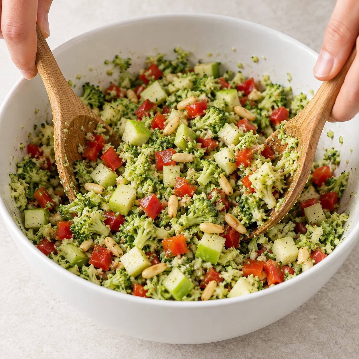 Mélanger la salade : Les petits morceaux sont répartis et légèrement enrobés, tout en restant croquants. Montrer seulement les ingrédients présents à ce stade, mains adultes anonymes si le geste le nécessite.