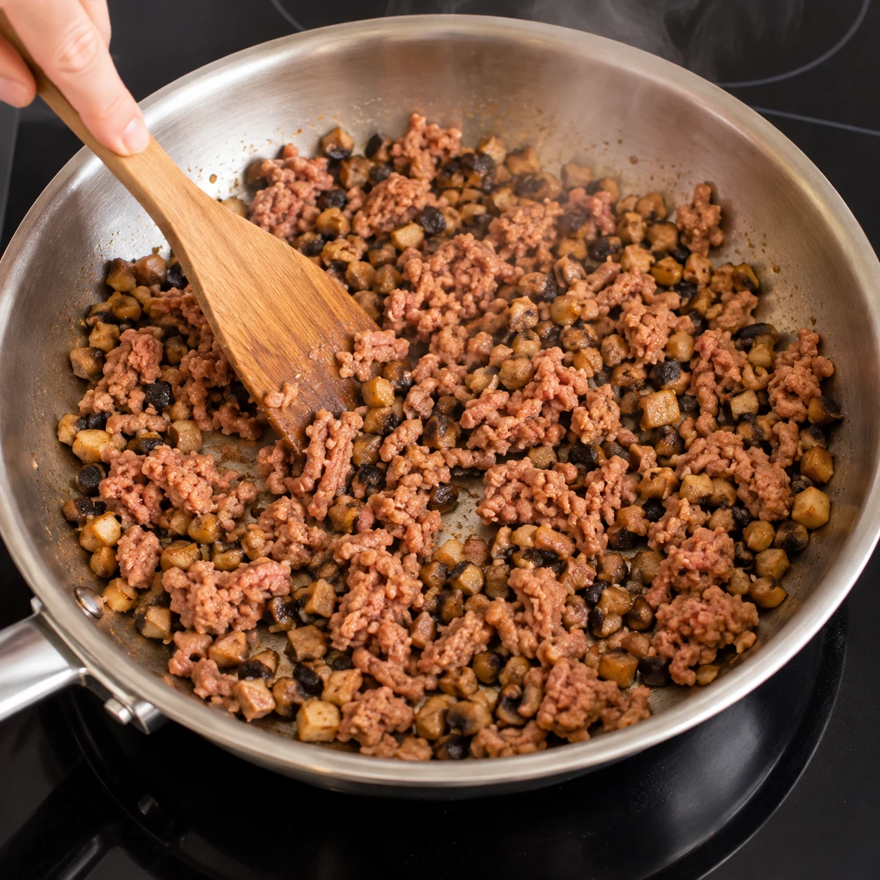 Ajoute les 250 g de haché végétal aux champignons dorés et remue pour le défaire. Montrer le geste et l’état attendu : Le haché est réparti en petits morceaux parmi les champignons.
