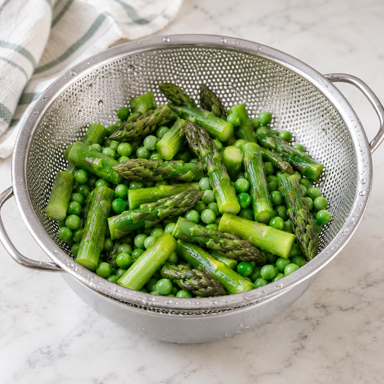 Refroidir les légumes. Les légumes sont refroidis et égouttés, sans eau stagnante. Une seule action, cadrage carré, aucun texte ni personne identifiable.